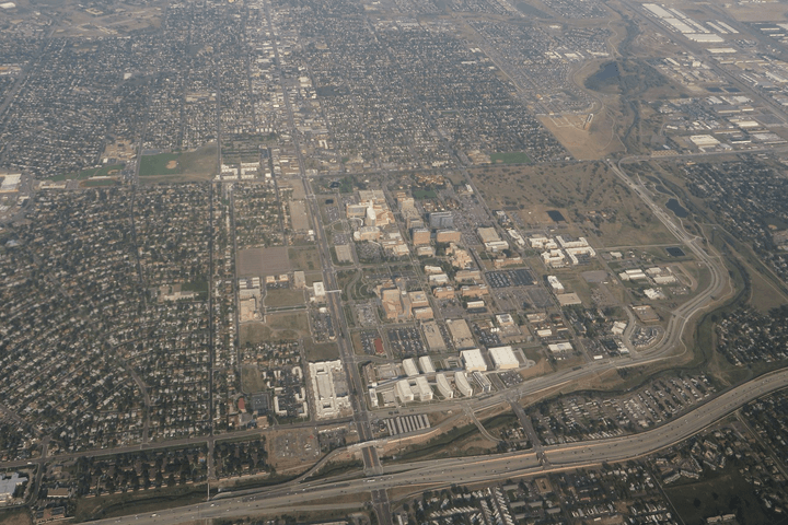 Aurora from the air, with the Anschutz Medical Campus and the highways around it