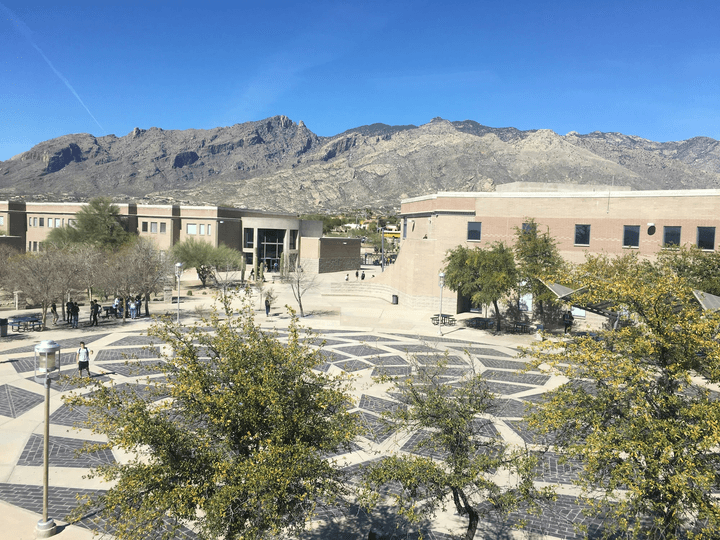 The Santa Catalina Mountains above the Catalina Foothills High School plaza