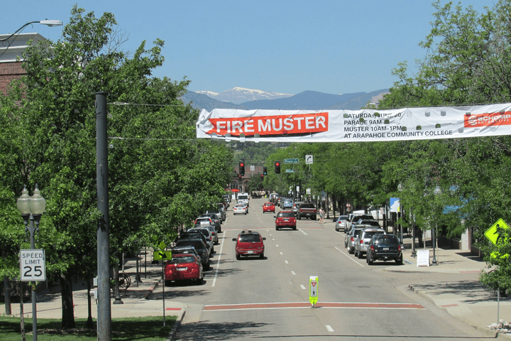 Historic Main Street in Littleton, Colorado, with the foothills beyond