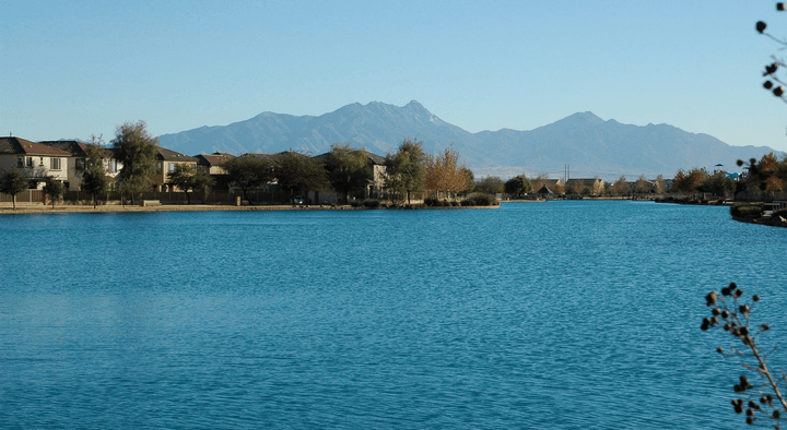 Sahuarita Lake with the Santa Rita Mountains in the distance