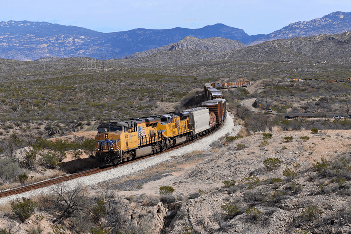 A Union Pacific train winding through the hills at Vail
