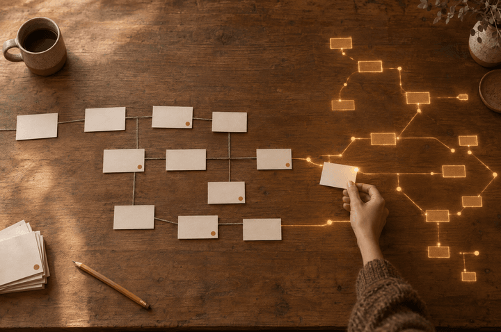 Index cards linked with string on a work table, mapping the steps of a piece of work, continued by a glowing network of lines as the map is extended